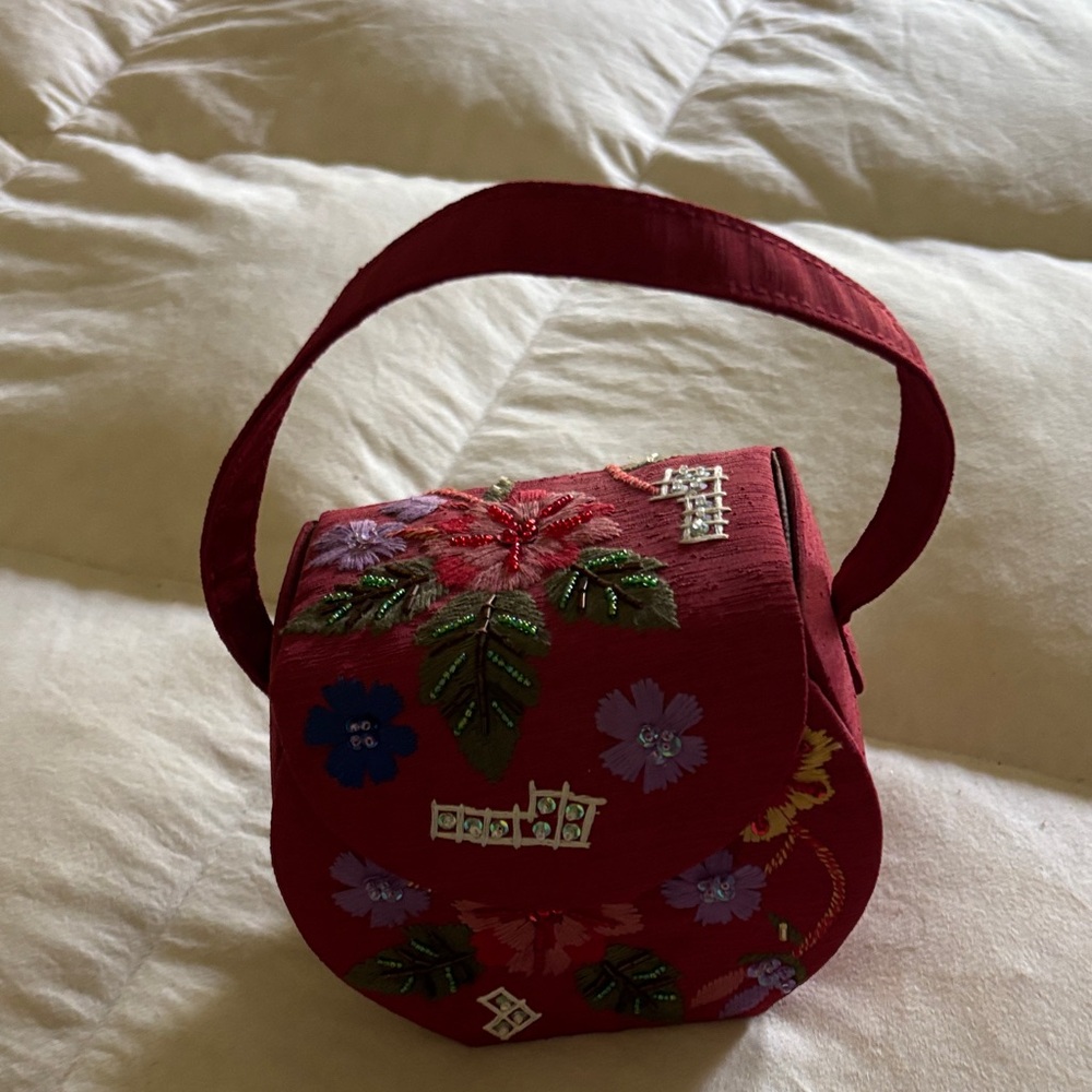 Floral Embroidered Red Mini Bag